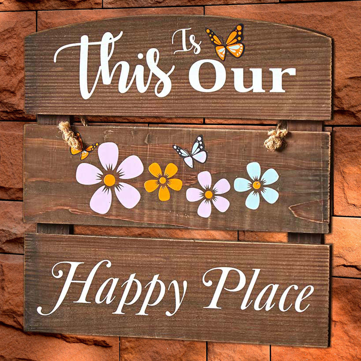 “This is Our Happy Place” Wall Decor | Wooden Wall Art with Open Shelf for Plant Display | Closed Shelf for Wall Decor | Rustic Home Decoration