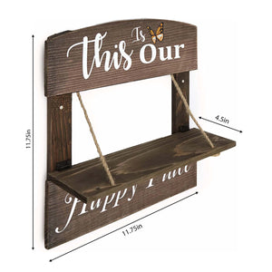 “This is Our Happy Place” Wall Decor | Wooden Wall Art with Open Shelf for Plant Display | Closed Shelf for Wall Decor | Rustic Home Decoration