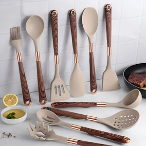 10-Piece Silicone Kitchen Utensil Set Copper Wood Handle Heat Resistant