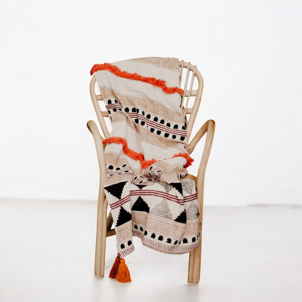 Multicolored Cotton Boho Throw Blanket with Tassels and Fringes