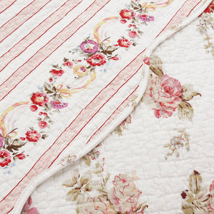 Spring Rose Floral Scalloped Cotton Quilted Reversible Decor Throw Blanket