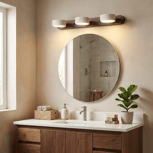 Travertine Stone Wall Sconce with Dimmable LED | Natural Wood Accent for Warm Ambient Glow
