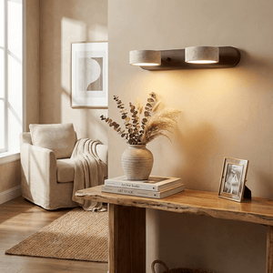 Travertine Stone Wall Sconce with Dimmable LED | Natural Wood Accent for Warm Ambient Glow