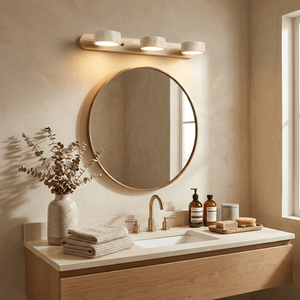 Travertine Stone Wall Sconce with Dimmable LED | Natural Wood Accent for Warm Ambient Glow