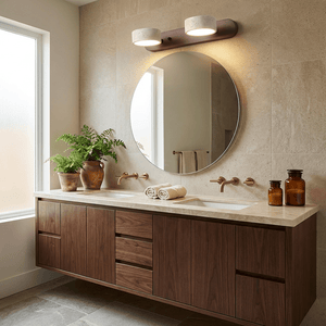 Travertine Stone Wall Sconce with Dimmable LED | Natural Wood Accent for Warm Ambient Glow
