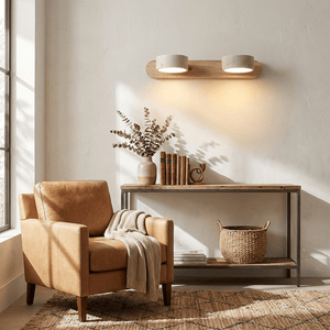 Travertine Stone Wall Sconce with Dimmable LED | Natural Wood Accent for Warm Ambient Glow