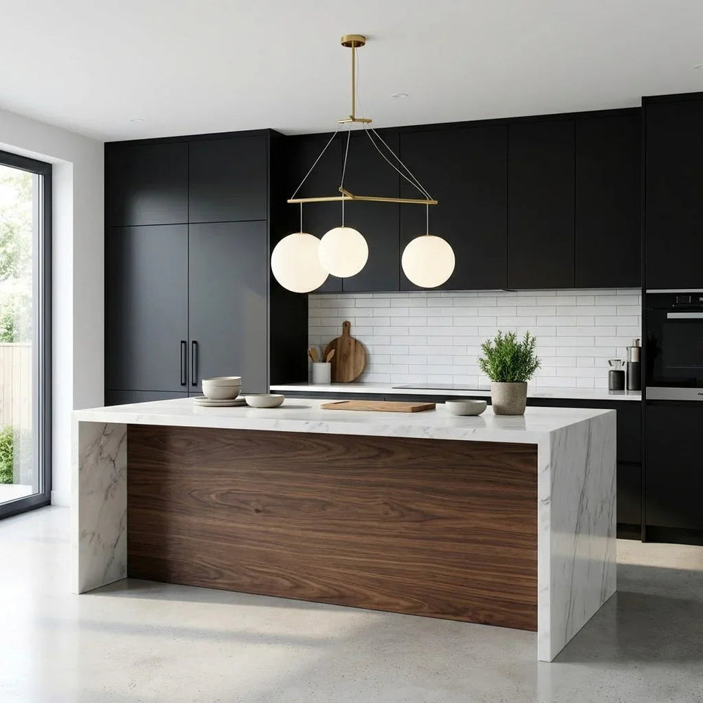 Triple Glass Orb Pendant Light – 3 Globe Gold Linear Chandelier E26/E27