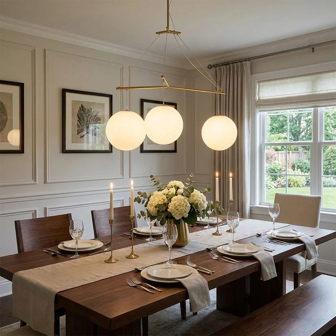 Triple Glass Orb Pendant Light – 3 Globe Gold Linear Chandelier E26/E27