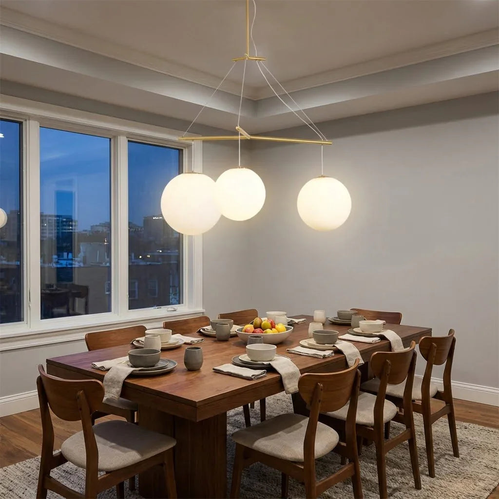 Triple Glass Orb Pendant Light – 3 Globe Gold Linear Chandelier E26/E27