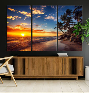Tropical Beach Sunset Canvas Art, Palm Trees and Ocean Waves