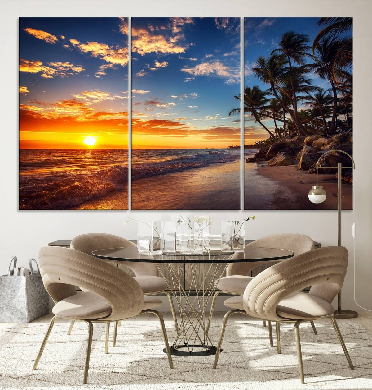 Tropical Beach Sunset Canvas Art, Palm Trees and Ocean Waves