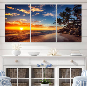 Tropical Beach Sunset Canvas Art, Palm Trees and Ocean Waves