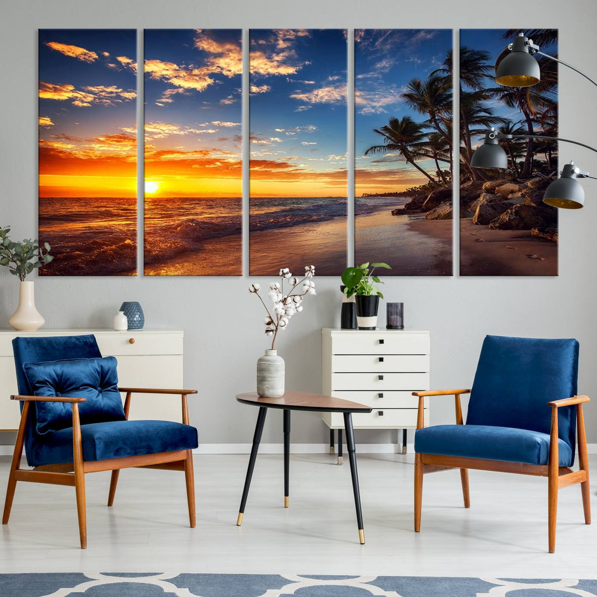 Tropical Beach Sunset Canvas Art, Palm Trees and Ocean Waves