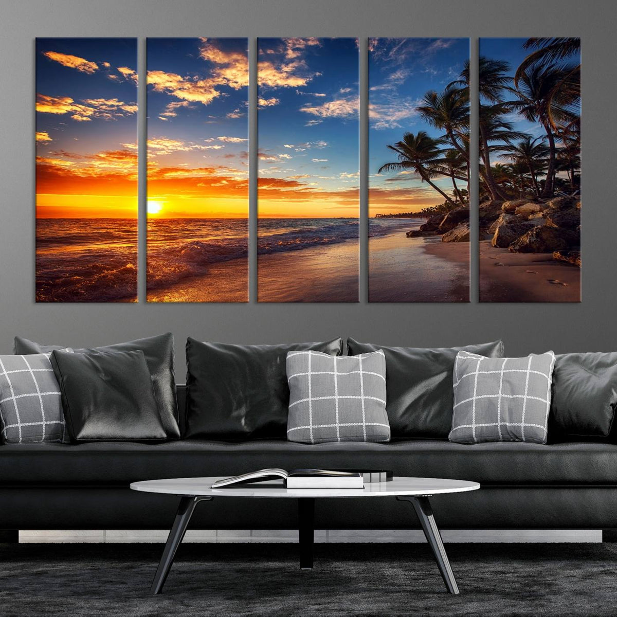 Tropical Beach Sunset Canvas Art, Palm Trees and Ocean Waves