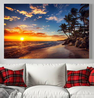 Tropical Beach Sunset Canvas Art, Palm Trees and Ocean Waves