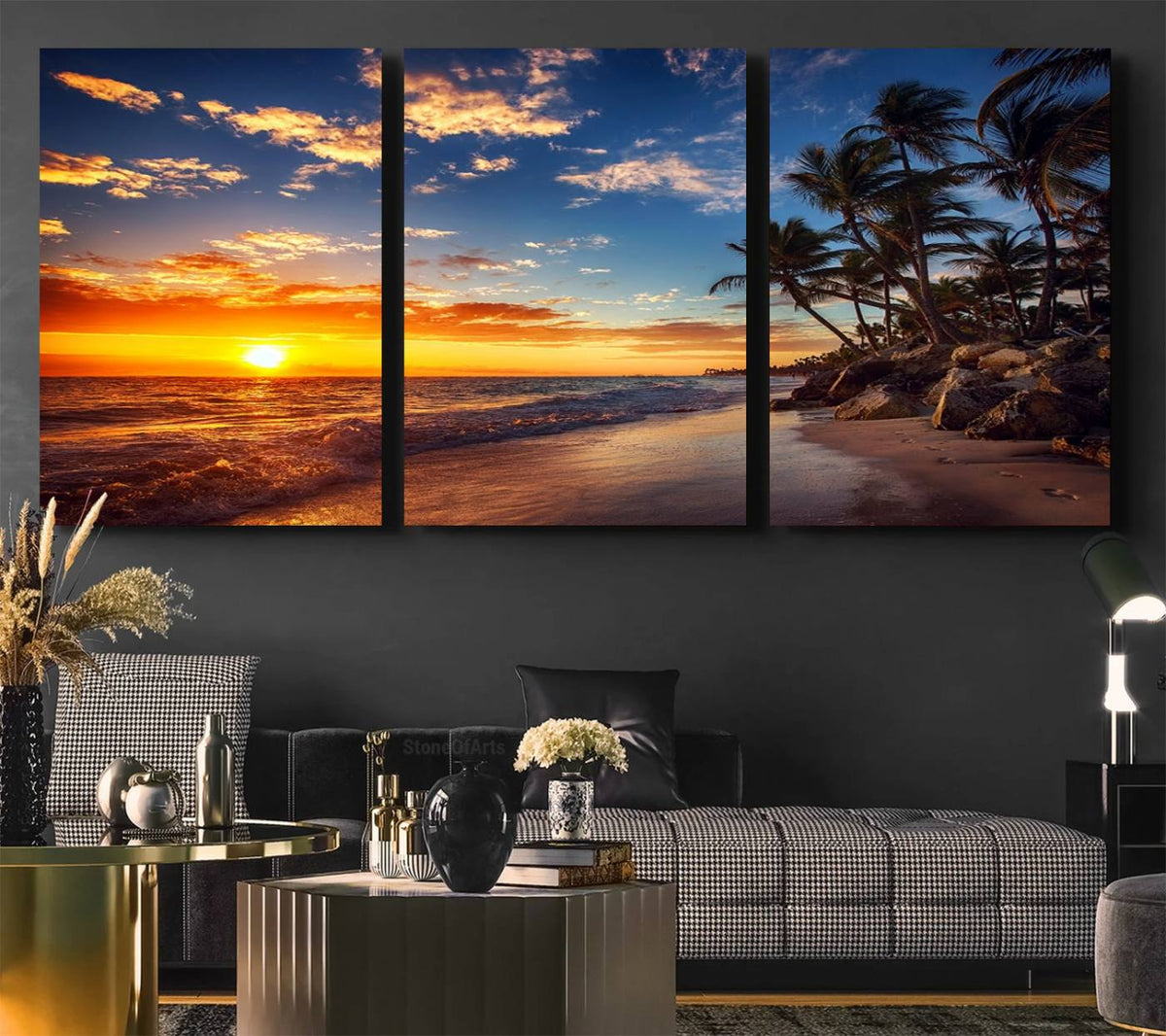 Tropical Beach Sunset Canvas Art, Palm Trees and Ocean Waves
