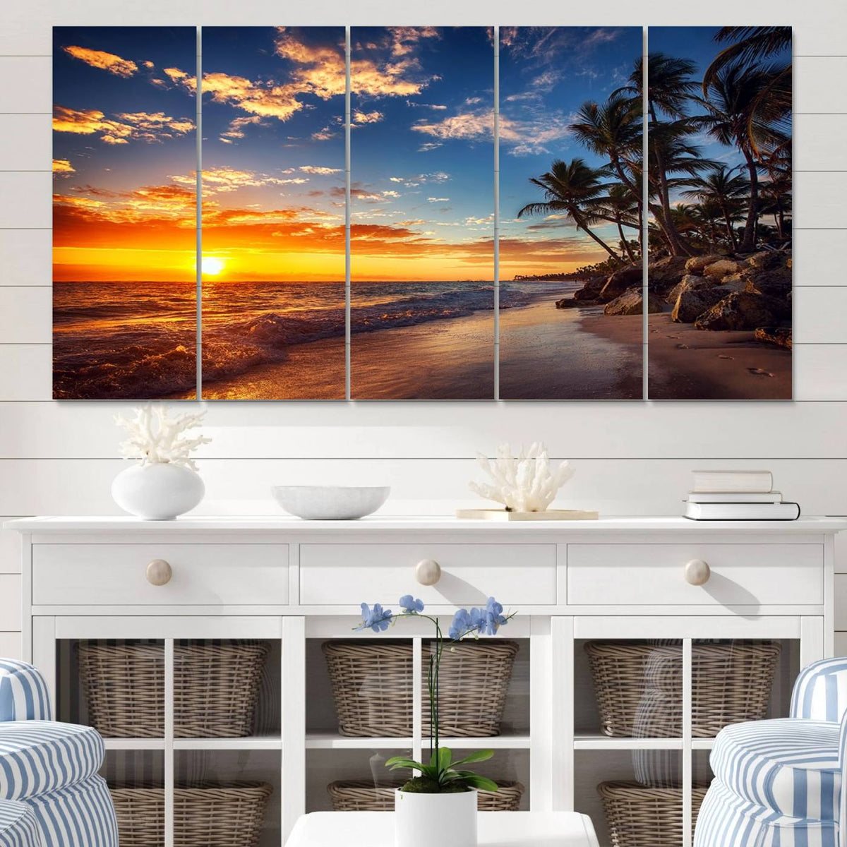 Tropical Beach Sunset Canvas Art, Palm Trees and Ocean Waves