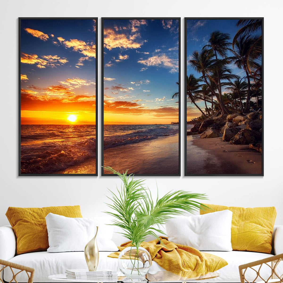 Tropical Beach Sunset Canvas Art, Palm Trees and Ocean Waves