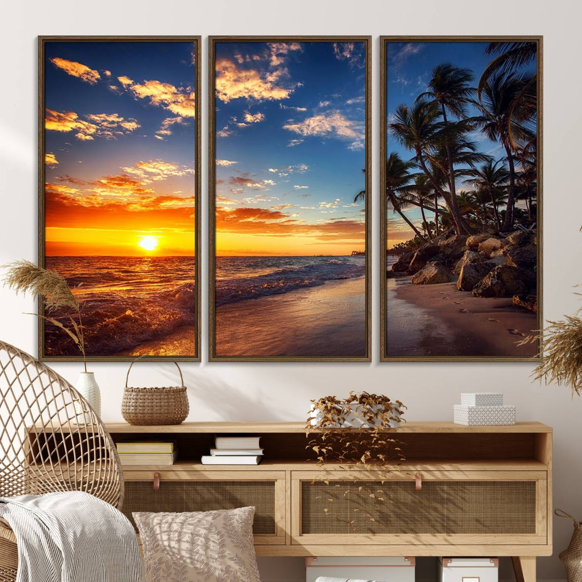 Tropical Beach Sunset Canvas Art, Palm Trees and Ocean Waves