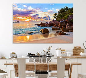 Tropical Beach Sunset Canvas Print, Ocean Waves and Rocky