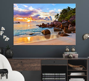 Tropical Beach Sunset Canvas Print, Ocean Waves and Rocky