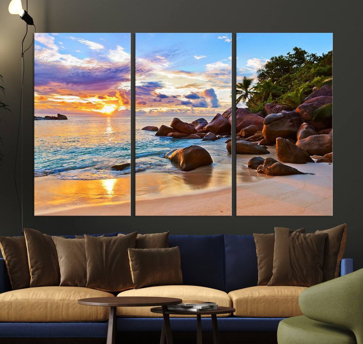 Tropical Beach Sunset Canvas Print, Ocean Waves and Rocky