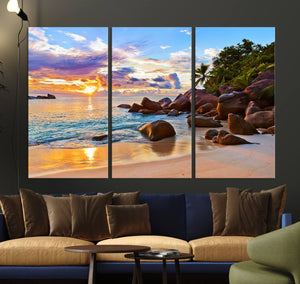 Tropical Beach Sunset Canvas Print, Ocean Waves and Rocky