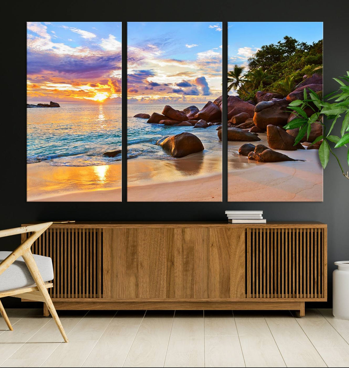 Tropical Beach Sunset Canvas Print, Ocean Waves and Rocky