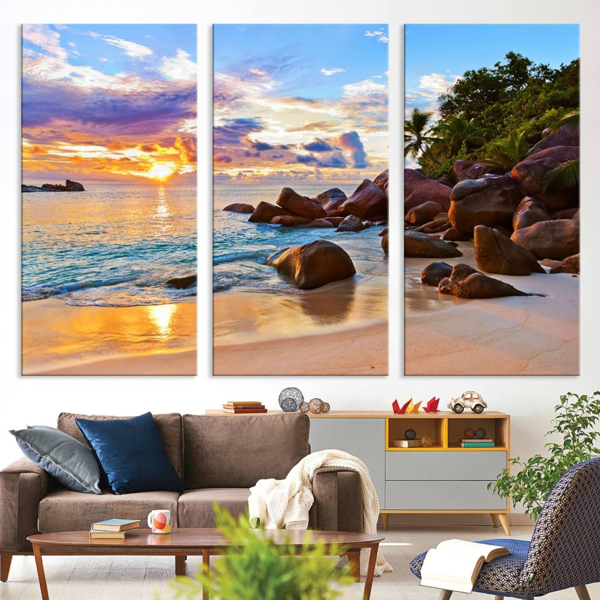 Tropical Beach Sunset Canvas Print, Ocean Waves and Rocky