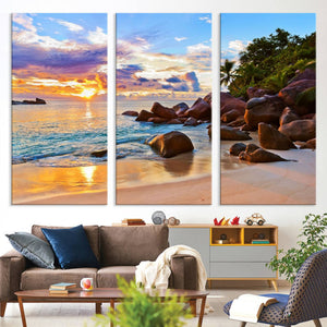 Tropical Beach Sunset Canvas Print, Ocean Waves and Rocky