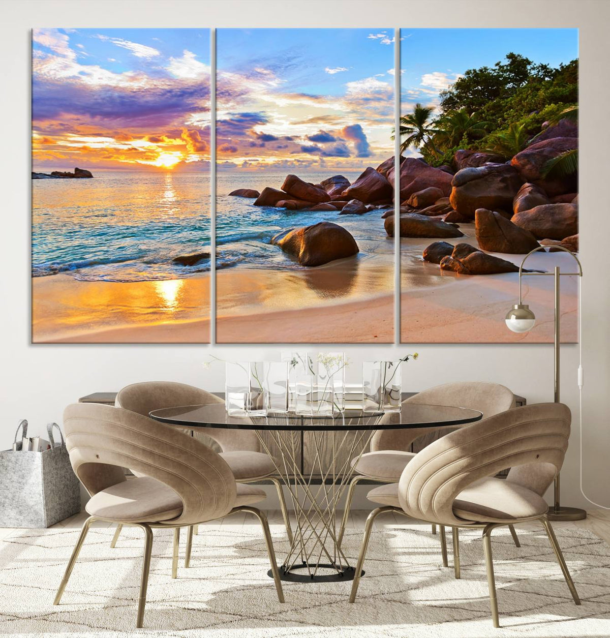 Tropical Beach Sunset Canvas Print, Ocean Waves and Rocky
