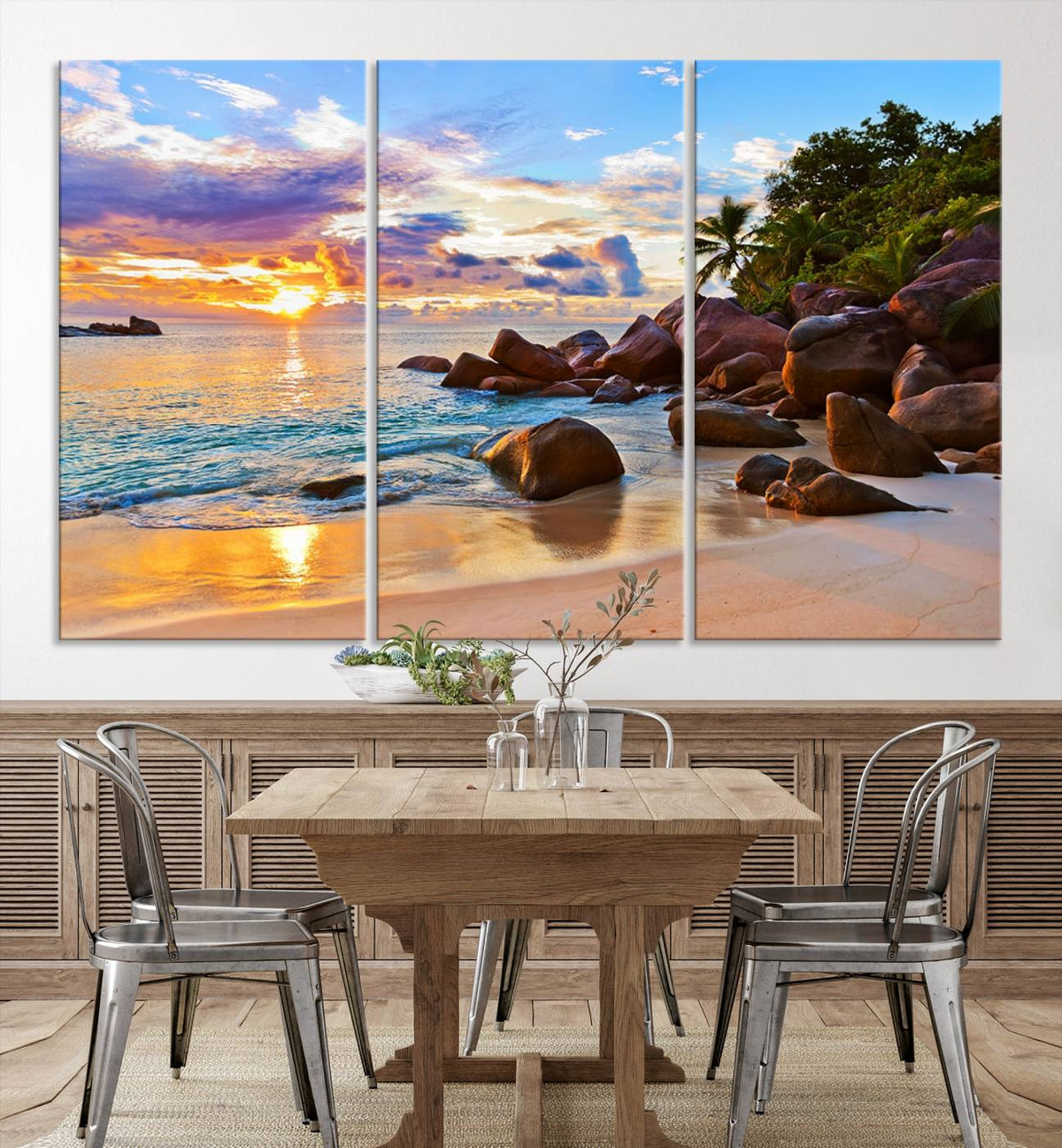 Tropical Beach Sunset Canvas Print, Ocean Waves and Rocky