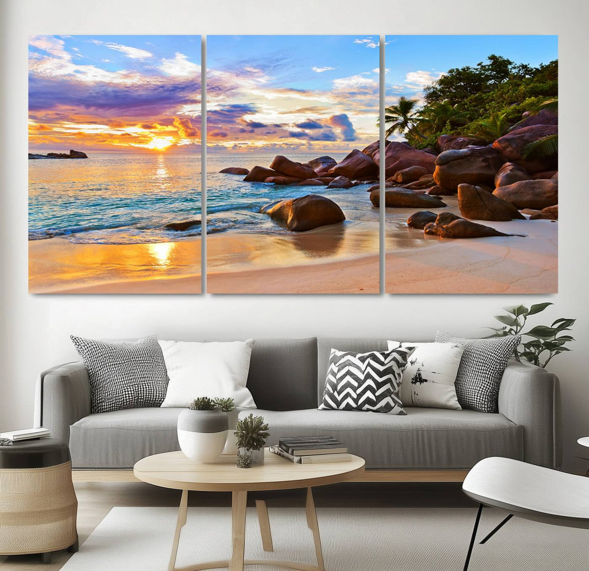 Tropical Beach Sunset Canvas Print, Ocean Waves and Rocky