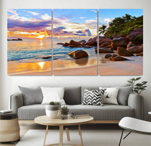 Tropical Beach Sunset Canvas Print, Ocean Waves and Rocky