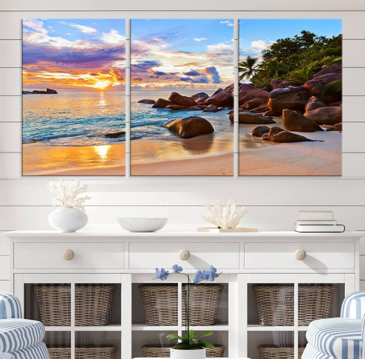 Tropical Beach Sunset Canvas Print, Ocean Waves and Rocky
