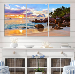 Tropical Beach Sunset Canvas Print, Ocean Waves and Rocky