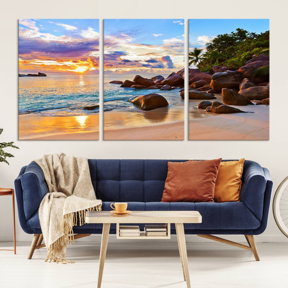 Tropical Beach Sunset Canvas Print, Ocean Waves and Rocky