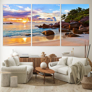 Tropical Beach Sunset Canvas Print, Ocean Waves and Rocky