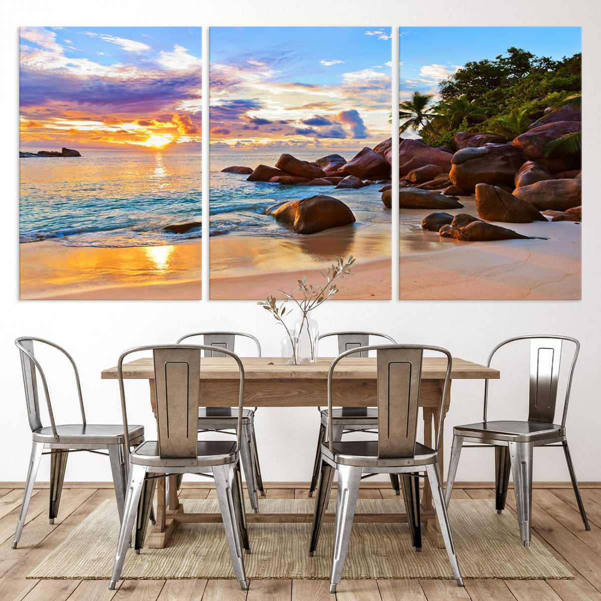 Tropical Beach Sunset Canvas Print, Ocean Waves and Rocky