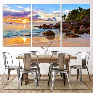 Tropical Beach Sunset Canvas Print, Ocean Waves and Rocky