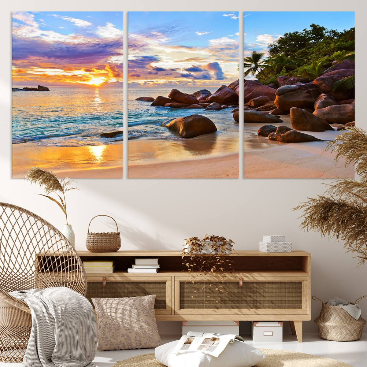 Tropical Beach Sunset Canvas Print, Ocean Waves and Rocky