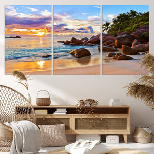 Tropical Beach Sunset Canvas Print, Ocean Waves and Rocky