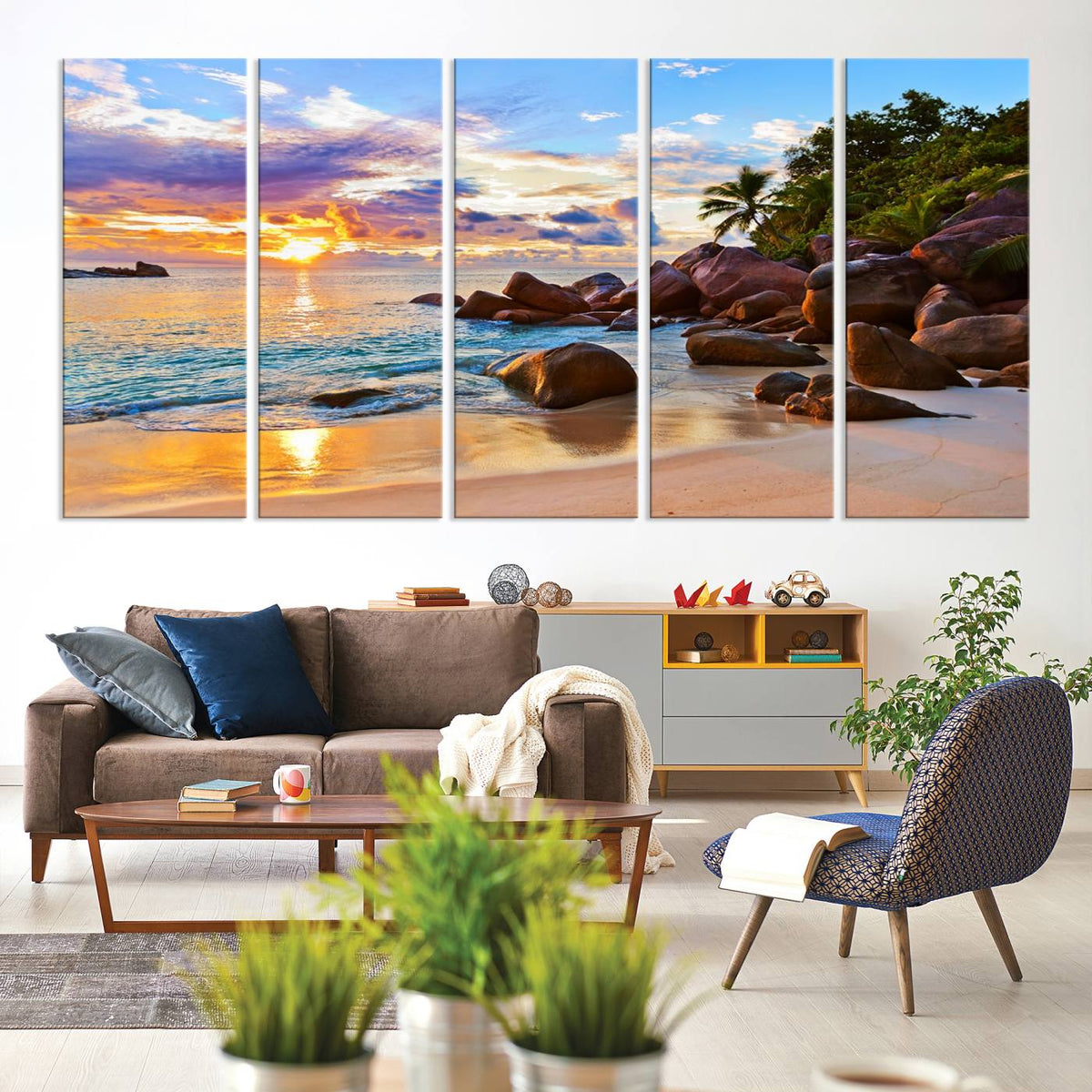 Tropical Beach Sunset Canvas Print, Ocean Waves and Rocky