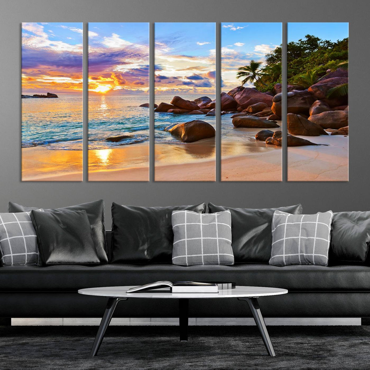 Tropical Beach Sunset Canvas Print, Ocean Waves and Rocky