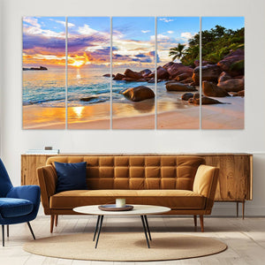 Tropical Beach Sunset Canvas Print, Ocean Waves and Rocky