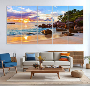 Tropical Beach Sunset Canvas Print, Ocean Waves and Rocky