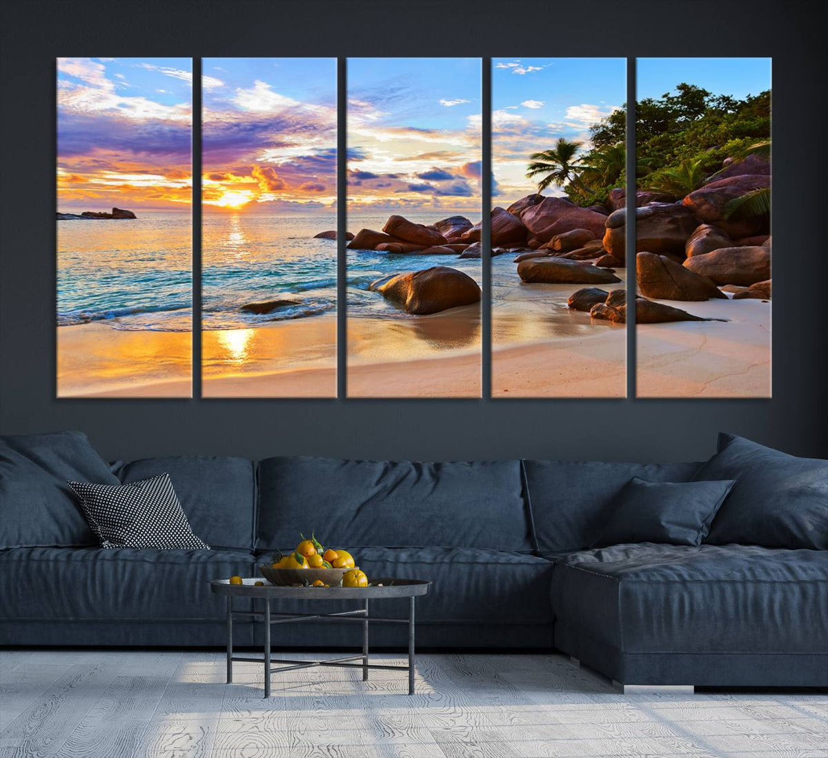 Tropical Beach Sunset Canvas Print, Ocean Waves and Rocky