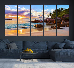 Tropical Beach Sunset Canvas Print, Ocean Waves and Rocky