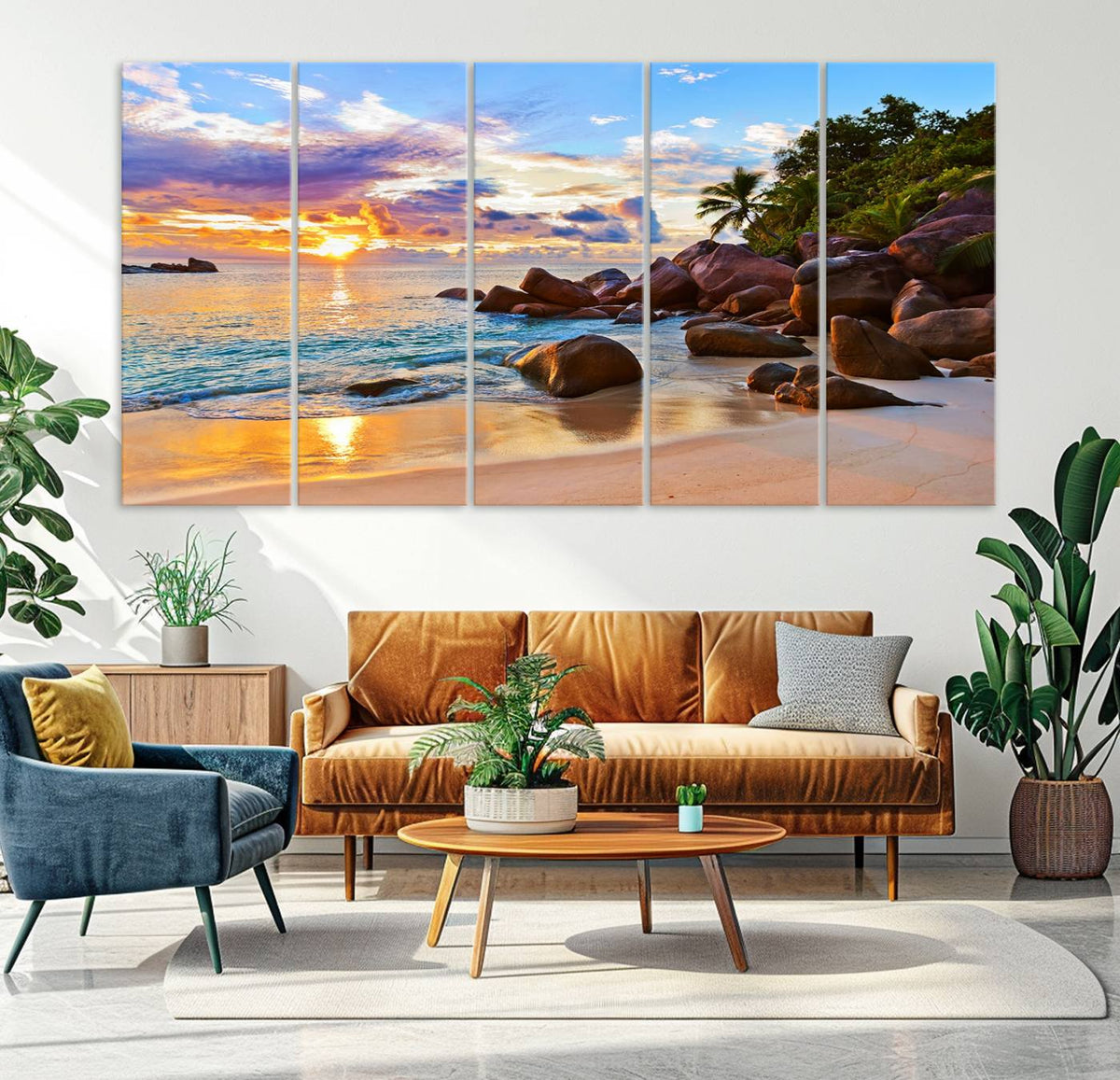 Tropical Beach Sunset Canvas Print, Ocean Waves and Rocky
