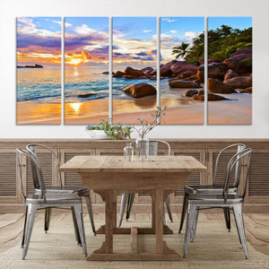 Tropical Beach Sunset Canvas Print, Ocean Waves and Rocky